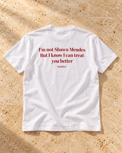 I'm Not Shawn Mendes white T-shirt with red back print, editorial flat lay